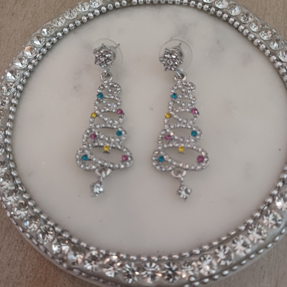 Silver Rhinestone Christmas Tree Star Drop Stud Earrings - Picture 2 of 7